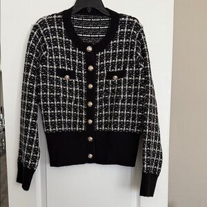 Black and White Checkered Cardigan with Gold Buttons